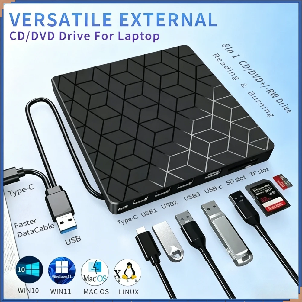 

7 in1 CD DVD Recorder Player Writer USB3.0&Type-C External DVD Burner Optical Drive Portable Reader For Laptop Desktop Notebook