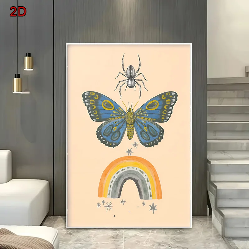 2D Flat, Vintage Art Print of Rainbow, Butterfly and Spider, Bohemian Style Insect Theme Canvas Painting, Frameless 2D Flat Prin