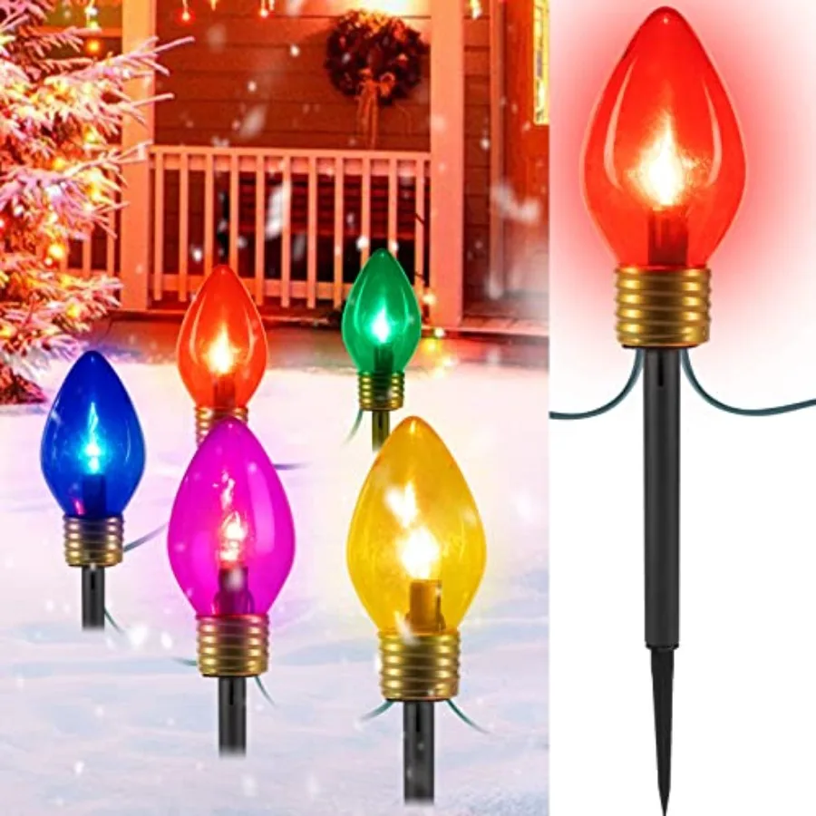 Jumbo C9 Christmas Pathway Lights Outdoor Decorations Lawn with Stakes, Tota 17Feet 10 LED String Lights Covered Jumbo ed Walkw