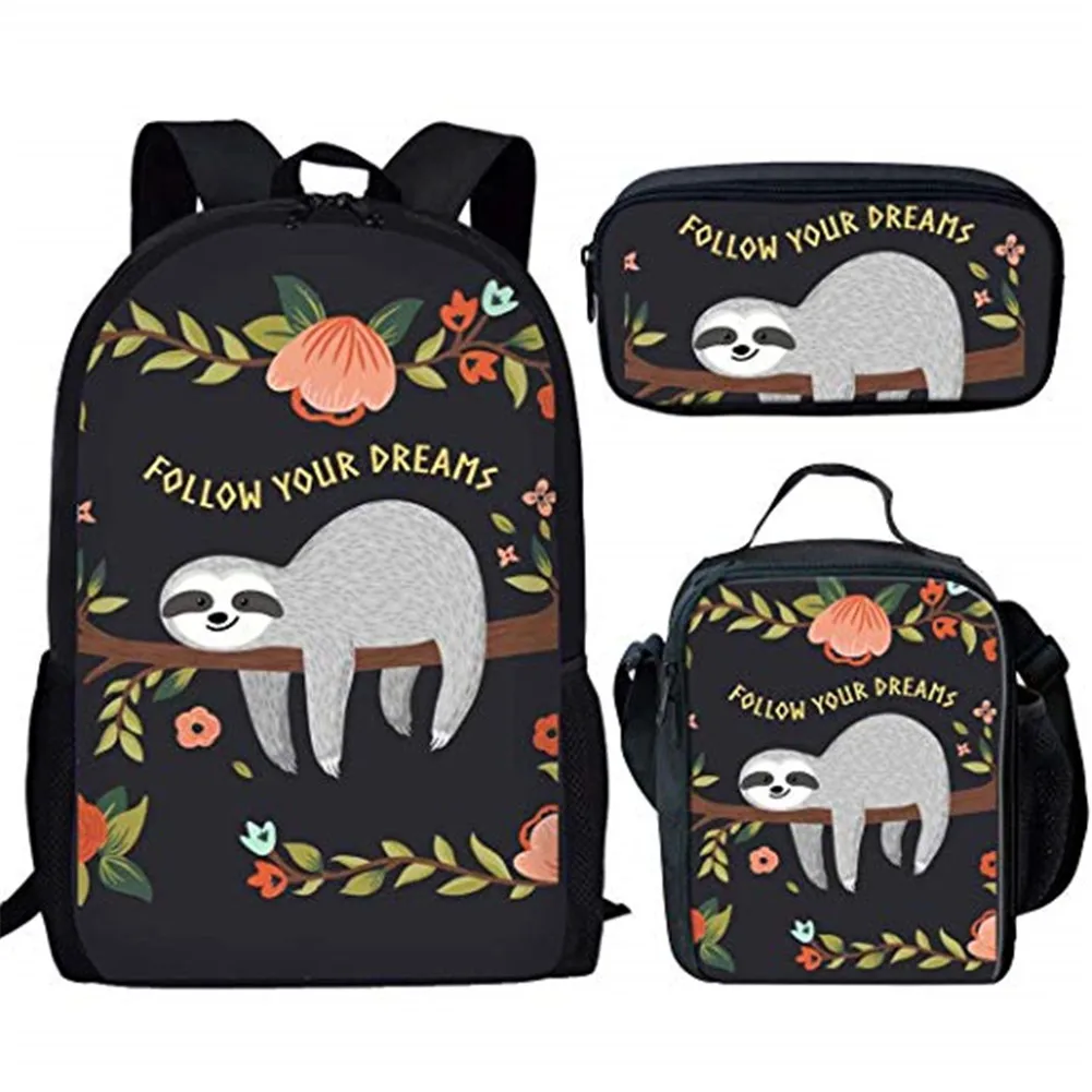 Engraçado Sloth Floral Pattern School Bag Set, mochila para meninos e meninas adolescentes, lancheira casual, estojo de lápis, 3 peças