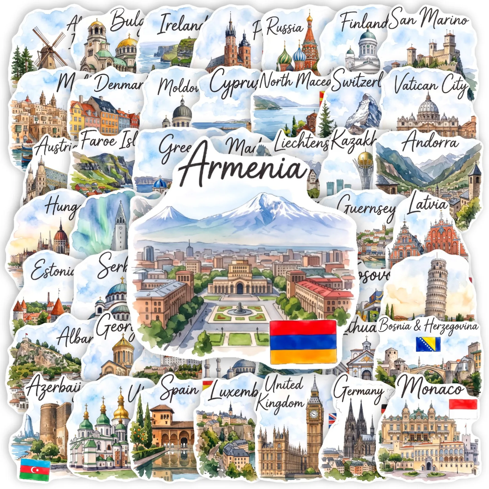 50Pcs Watercolor City Scenery Building Sticker Pack for Journal Skateboard Helmet Reward DIY Decor Decals