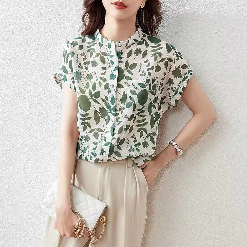 Women Summer Style Chiffon Blouses Tops Lady Casual Short Sleeve Stand Collar Flower Printed Blusas Tops SP1498