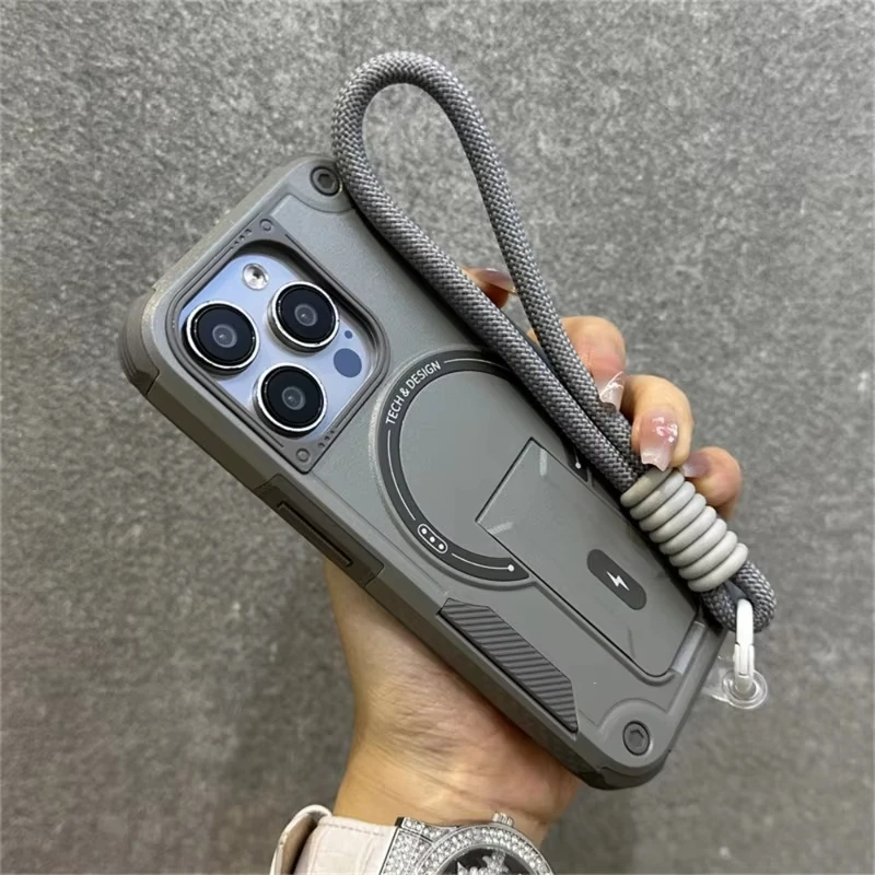 With Strap Heavy-duty Armor Invisible Stand Case For iPhone 17 16 15 14 13 12 11 Pro Max Fundas For Magsafe Anti-Drop Hard Cover