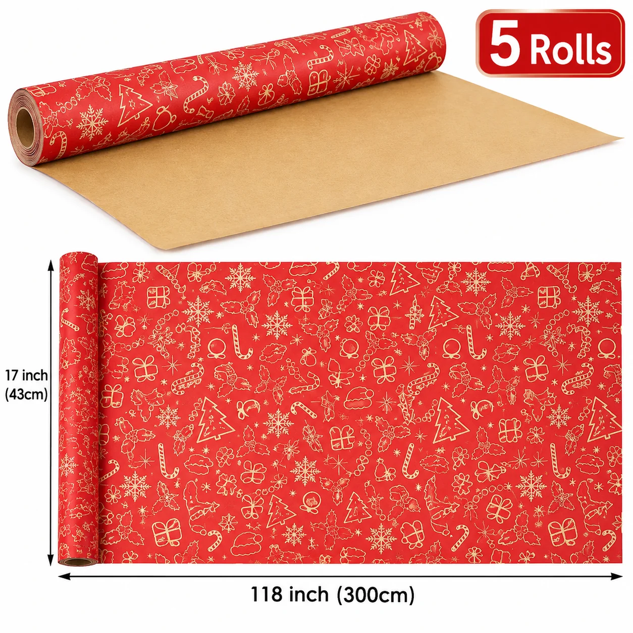 5Roll 45cmx300cm Christmas Kraft Wrapping Paper Red Snowflake Santa Hat Gift Wrap Holiday Xmas Party Decor
