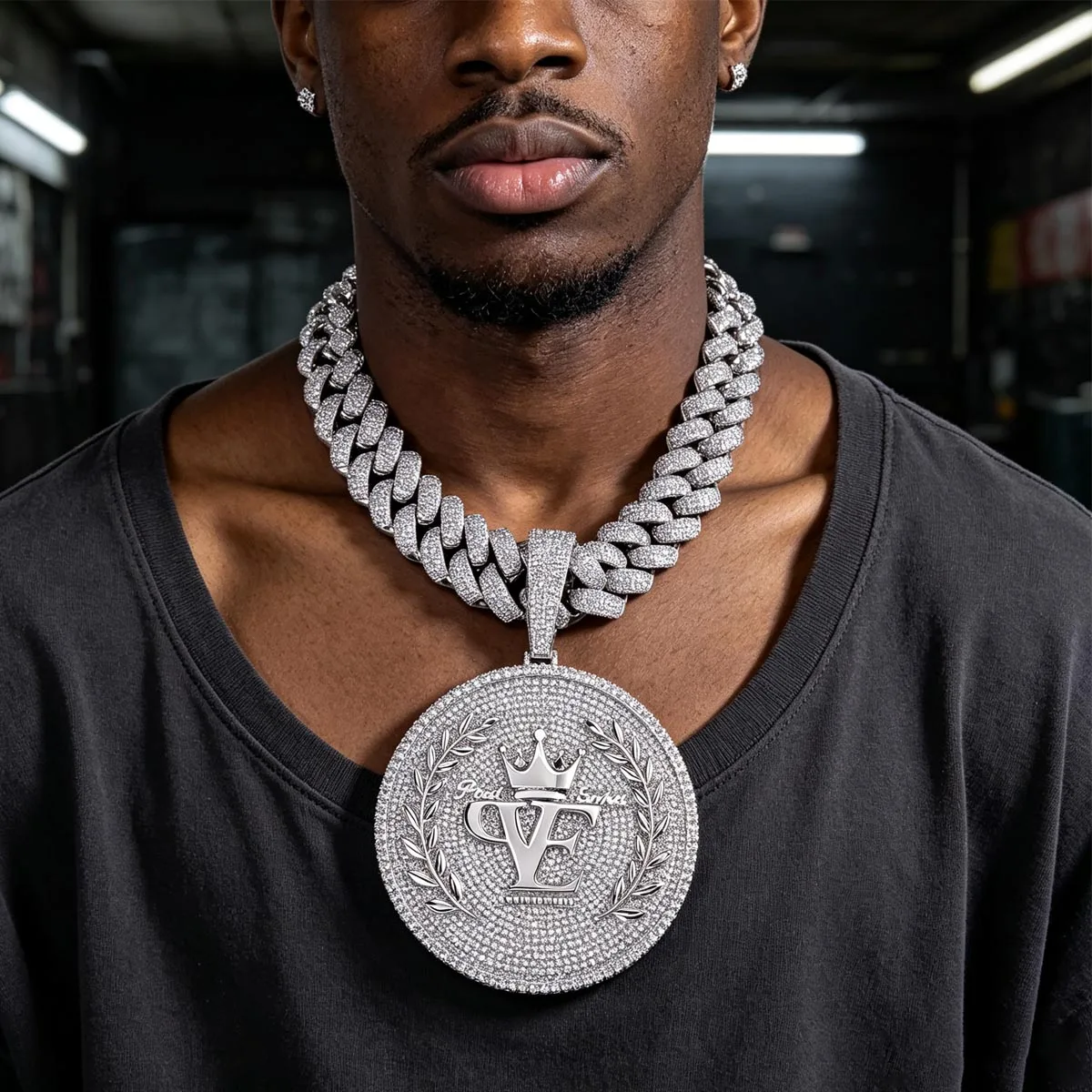 Iced Out Round Medallion Pendant Crown Wheat Wreath Sparkling Hip Hop Charm Match Cuban Link Chain Necklace Gift For Men Rapper