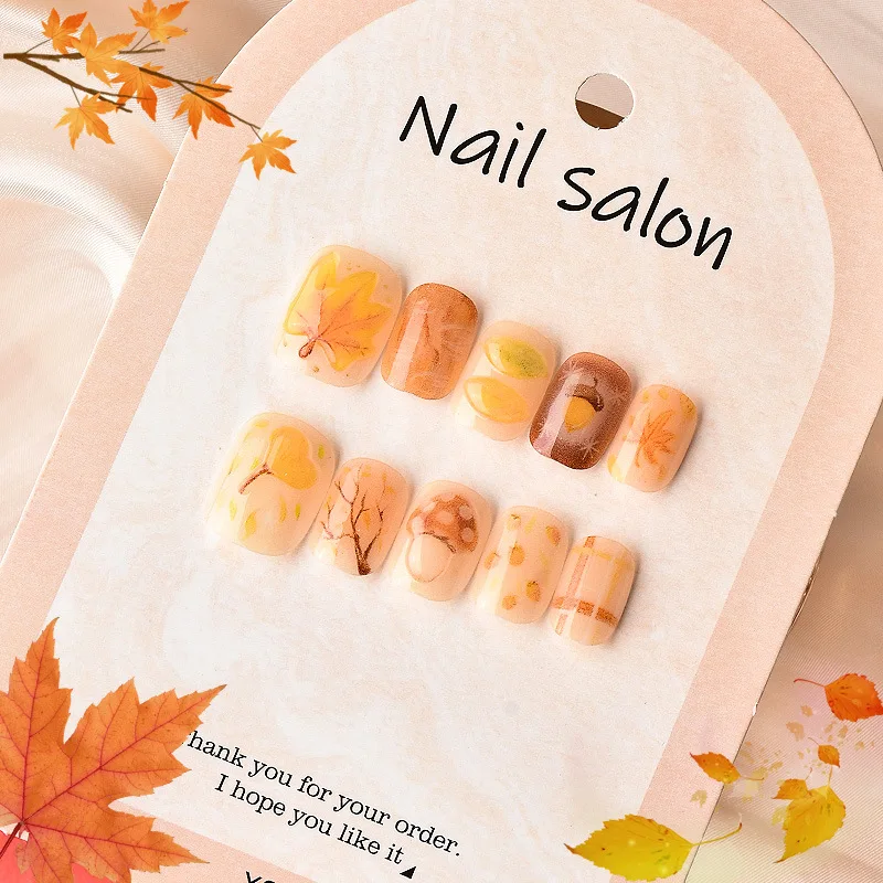 

24PCS High End Forest Print Press on Nails Square Coffin Shape Fake Nails for Autumn Winter Daily Wear Cute False Nails Manicure