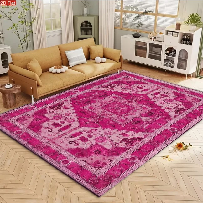 Vintage Oriental Medallion Area Rug Bright Pink Fuchsia Non‑Slip Carpet Floor Mat for Living Room Bedroom Home Decor