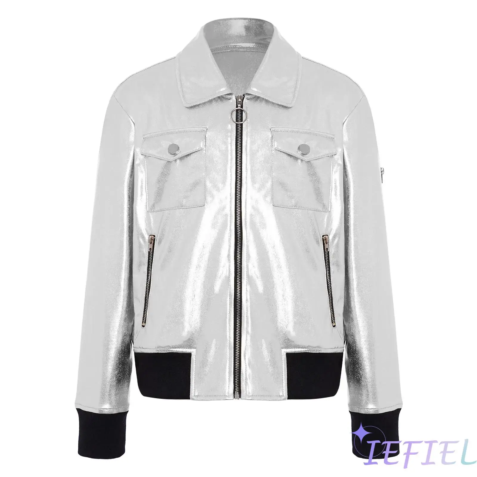 

Kids Girls Jazz Hip Hop Dance Jacket Metallic Turn-Down Collar Long Sleeve Coat Outerwear with Pockets for Disco Street Dance