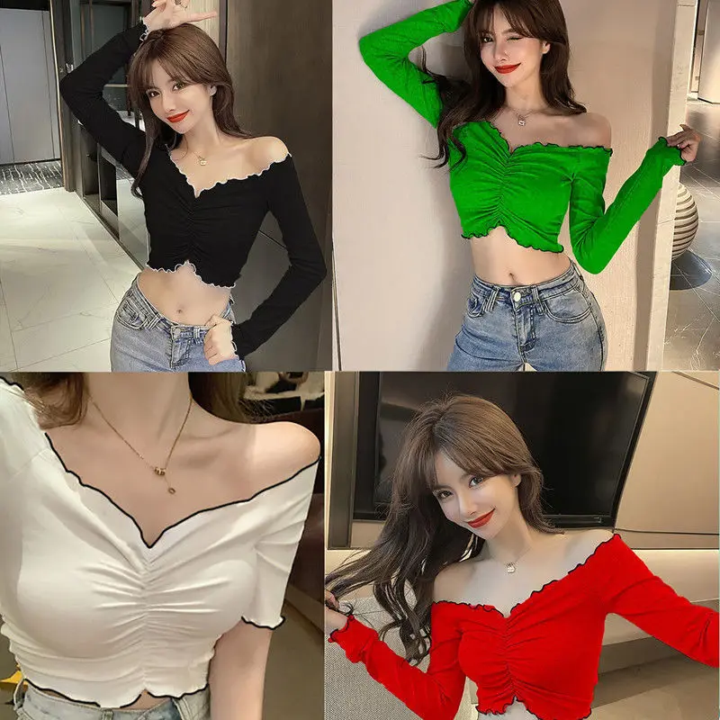 One Shoulder T-shirt for Women's Autumn Slimming Color Matching Pleated High Waisted Exposed Navel T-shirt Tight Fitting Top