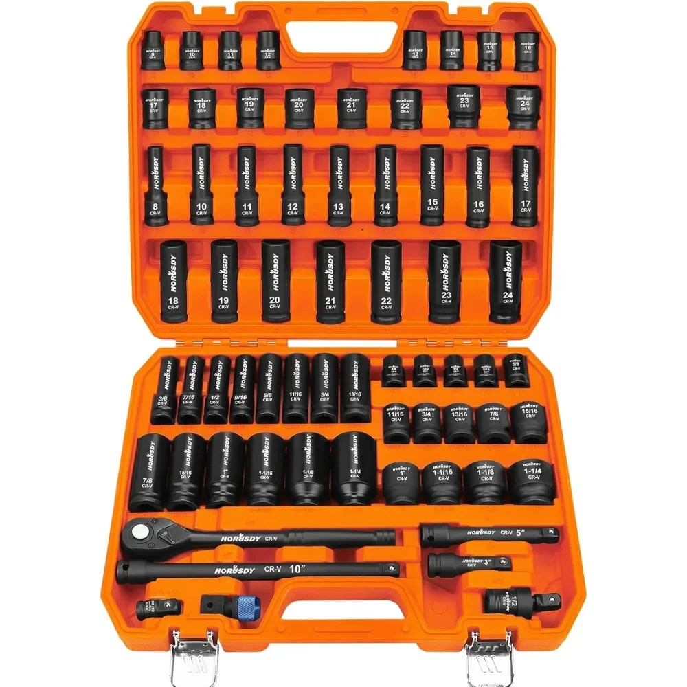 

Great Discounts.1/2" Drive Impact Socket Set, 67-Piece SAE (3/8"-1-1/4") and Metric (8-24mm) Size, 6 Point, Cr-V, 1/2-Inch Drive
