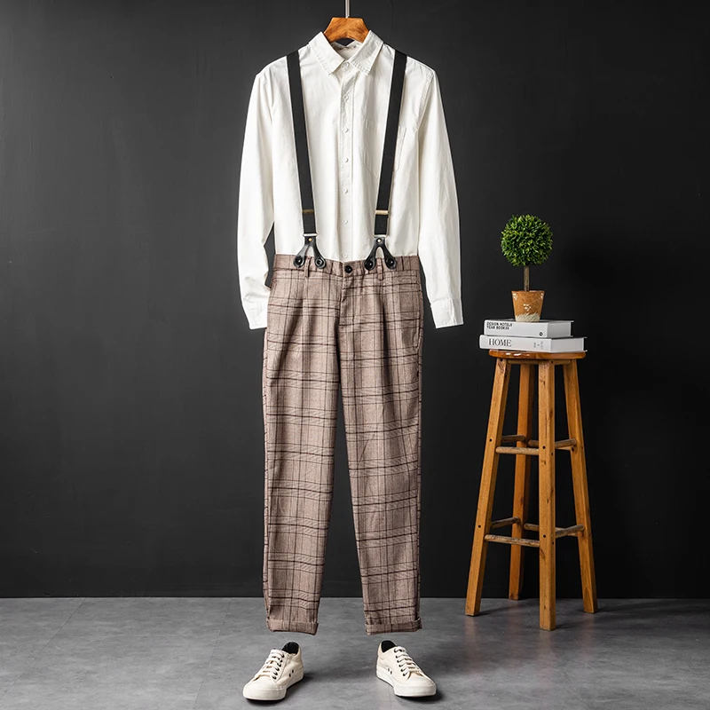 Retro Briti Plaid Men's Casual Pants Detachable Straight Leg Overalls ex Best Man Korean Sle Susp Pants