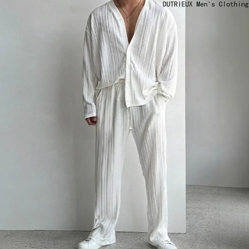 Business Casual Oversized Long-sleeved Shirt and Pants Suit, Autumn Loose-fit Men's Two-piece Set, Soft Comfortable Men's Outfit - Image 2