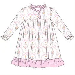 Baby Girl Long Sleeve Dress Pink Clothing Ballet Girl Print Boutique Toddler Clothing Set Wholesale Milk Silk