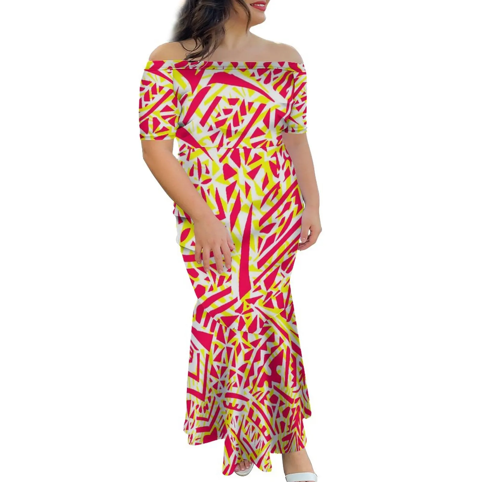 New Polynesian Tribal Design Tapa Floral Print Fishtail Mermaid Dresses Women Custom Big People Off Shoulder Evening Dresses