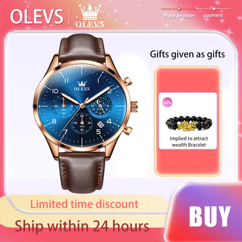 OLEVS Brand Original Quartz Watch for Men Leather Strap Moon Phase Men's Watches Waterproof Luminous Chronograph Male Wristwatch