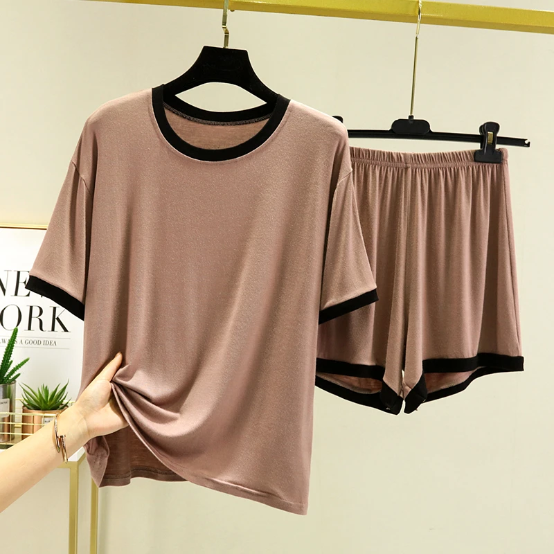 Summer Modal Sleepwear Set Women's Thin Home Clothes Loose Short Sleeve T-Shirt plus Size Top Shorts Two-Piece Set Casual Style