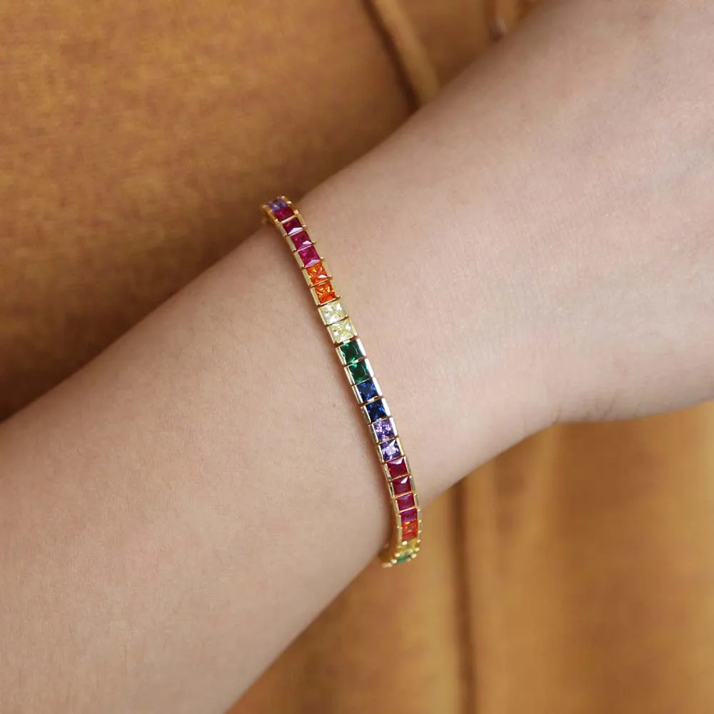 Party Gift 17cm Rainbow Cubic Zirconia European Women Lady Jewelry Micro Paved Bling Square Cz High Quality Cuff Bangle Bracelet