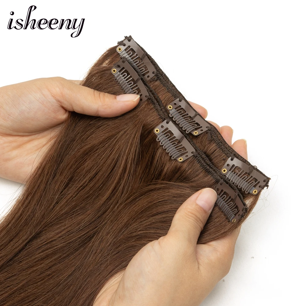 Braune Clip-In-Extensions aus 100 % Echthaar, natürliche Extensions, 30,5–61 cm, Clip-Haarverlängerung, Echthaarteil, 50–140 g, 7 Stück/Set Isheeny