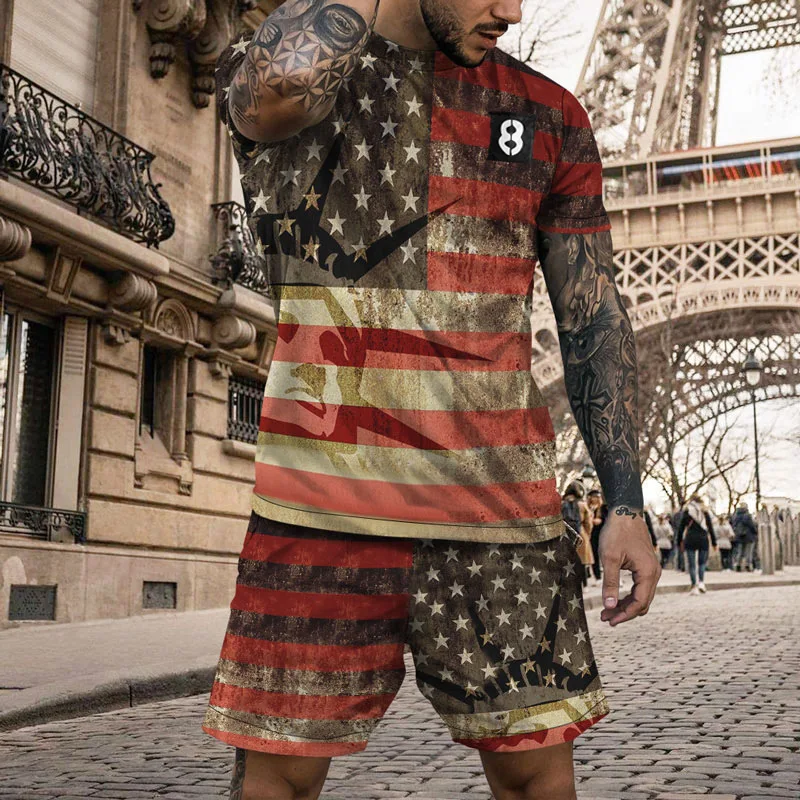 

Male Summer The Stars And The Stripes T-Shirts Outfits Casual Streetwear Tracksuit Men Shrot Sleeve Tee Top+Shrots 2Piece Set