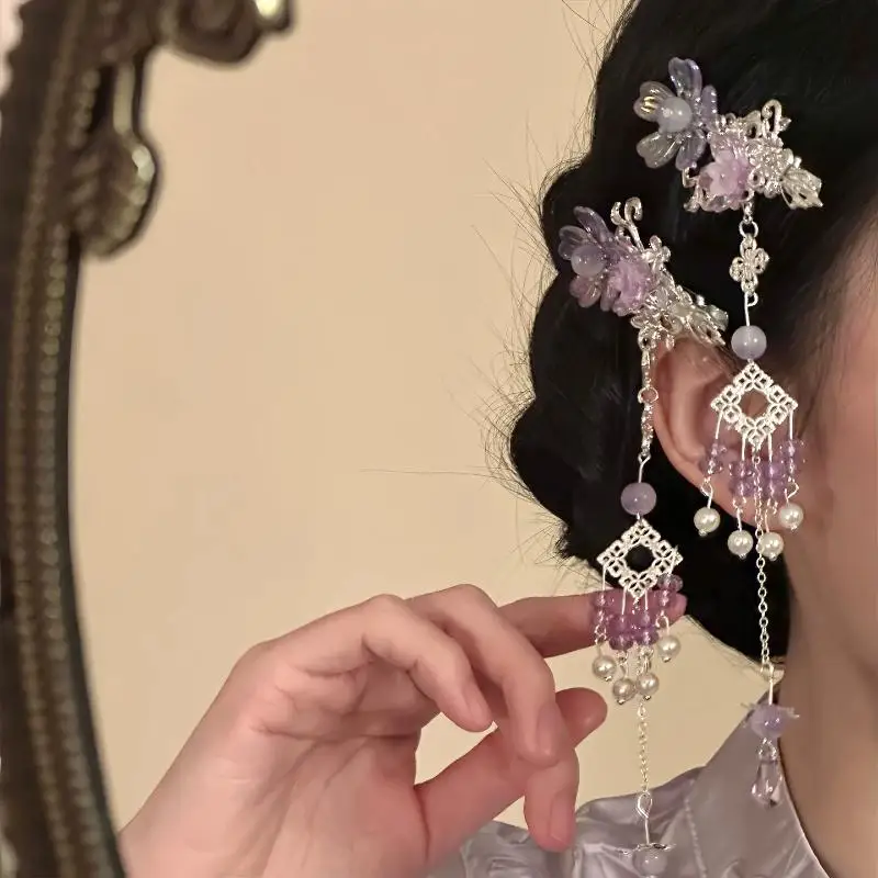 Blumen-Quasten-Haarspange im chinesischen Hanfu-Stil mit Kristallperlen-Quaste für Frauen – Detail 4