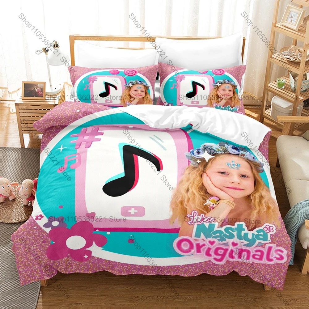 Parure de lit 3 pièces en microfibre de polyester douce et fraîche, thème Nastya Playful Kids Influencer, 1 housse de couette + 2 taies d'oreiller, toutes saisons