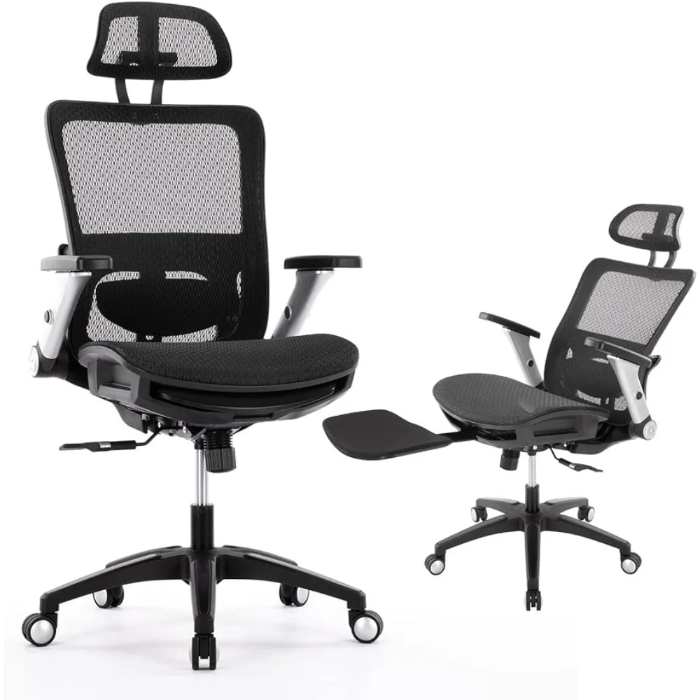 

High Back Computer Executive Desk Chair With Headrest and 4D Flip-up Armrests Mesh Office Chair With Footrest Chairs Furniture