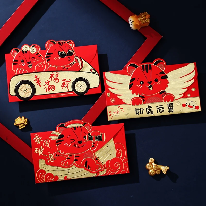 6 Pcs Chinese Red Envelopes, Year Of The Tiger Red Envelopes Lucky Money Packets For Spring Festival Birthday Supplies