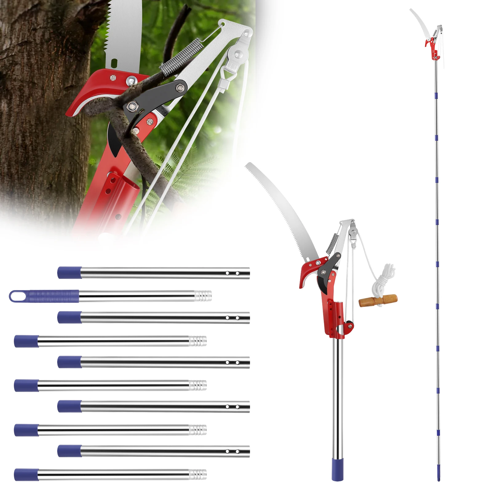 Cisaille télescopique avec scie d'élagage, scie d'élagage de 82-410 cm avec poignée, sécateur de poteau de coupe à haut portée pour outils de jardin d'arbres