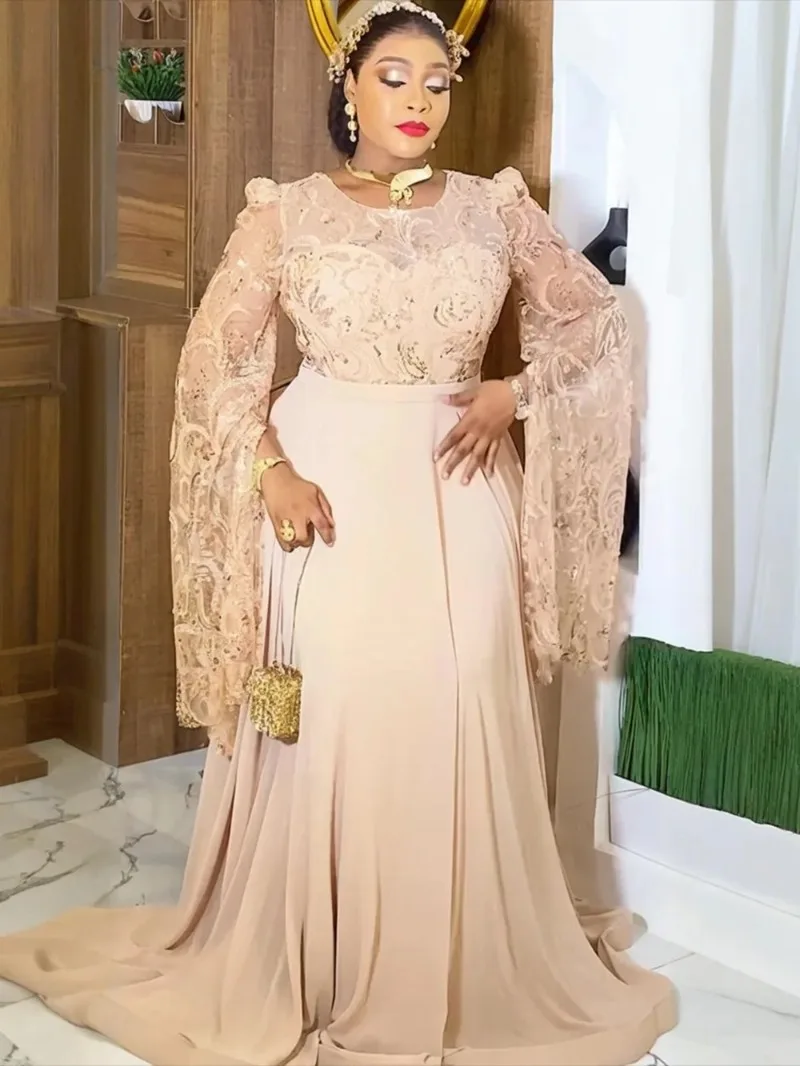 

Fashion Plus Size African Wedding Party Dresses for Women Dashiki Sequin Long Sleeve Evening Gown Elegant Muslim Maxi Dress