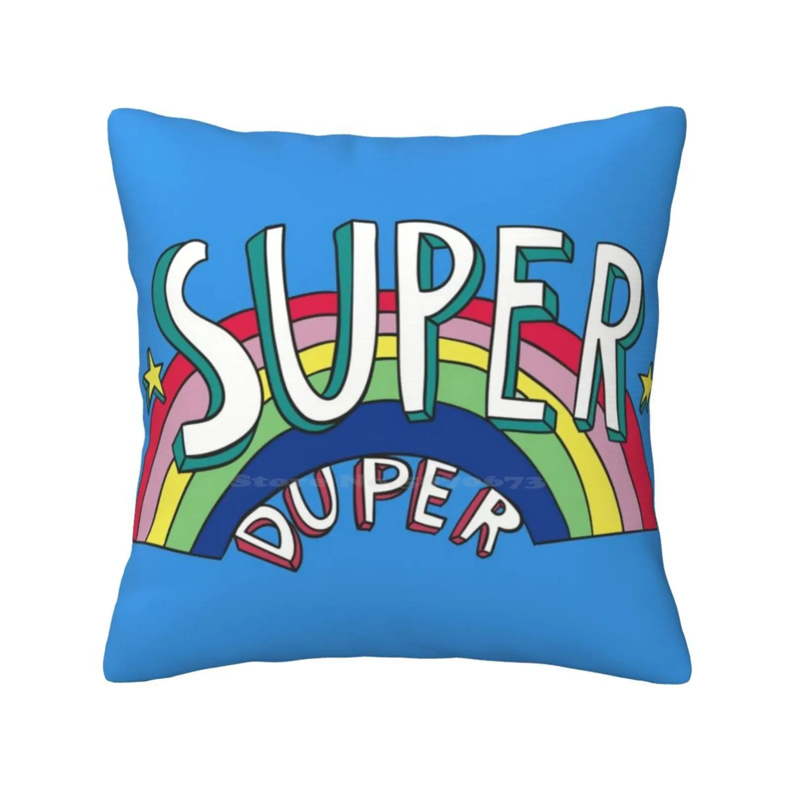 Super Duper Hand Drawn Seventies Style Rainbow Graphic Pillow Cover Hug Pillowcase Rainbow Retro Stars Vintage Pride Positivity