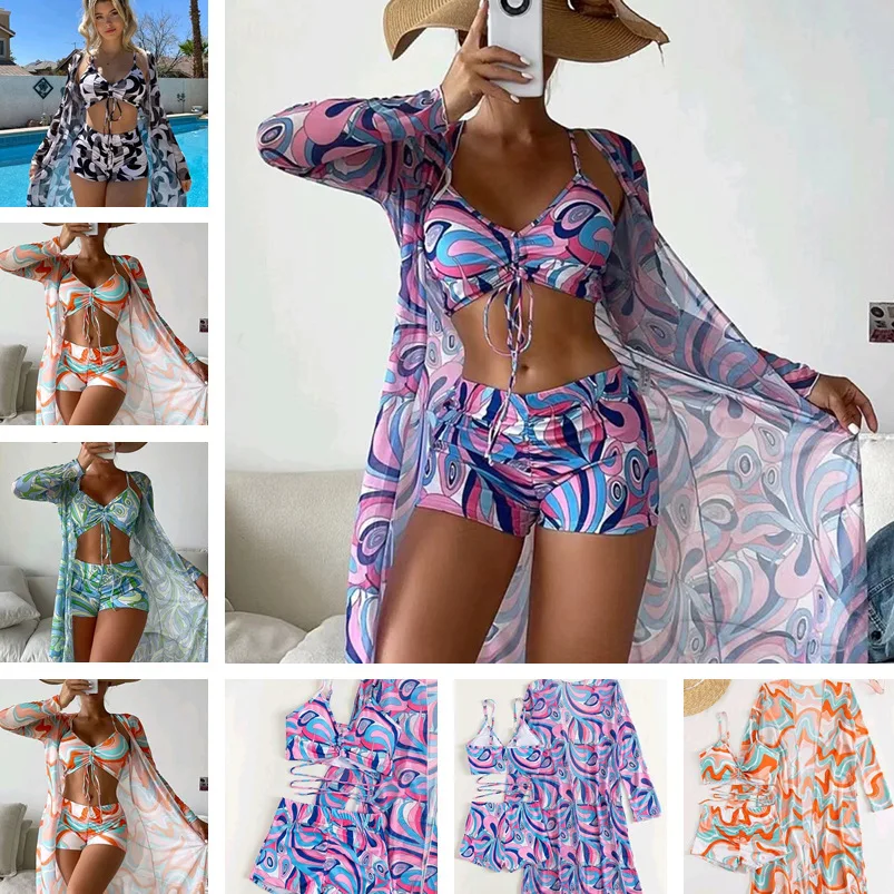 Three-Piece Suit Swimsuit Women Split Female Bikini High Waist Long-Sleeved Blouse Sunscreen Swimming Set Ladies Outdoor Sports