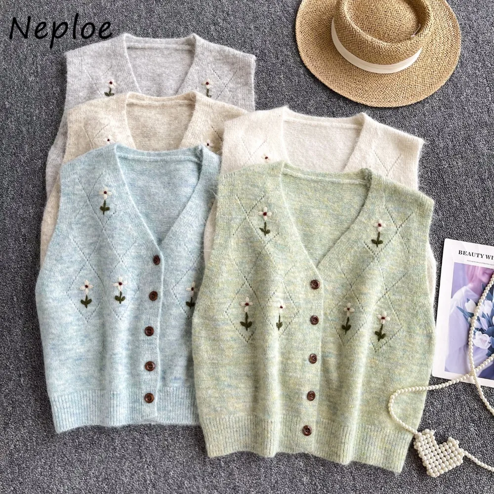 Neploe Fresh Lovely V Neck Sleeveless Knit Vest French Style Vintage Casual Embroidery Loose Jackets All-match Solid New Coat