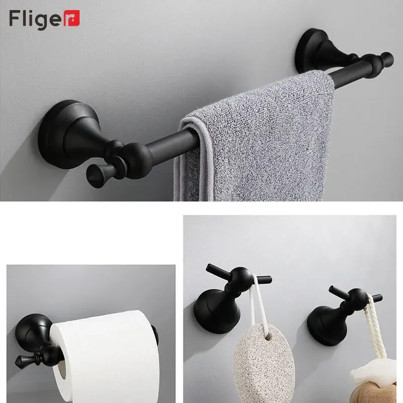 Fliger Black Retro Bathroom Hardware Sets Wall Mount Towel Bar Paper Holder Robe Hook Towel Ring Bathroom Accessories Sets