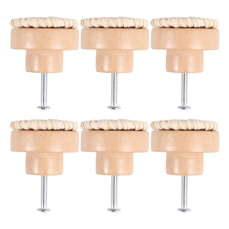 H-W Boho Rattan Dresser Knobs Round Wooden Drawer Knobs Handmade Wicker Woven And Screws For Boho Furniture Knobs Beige