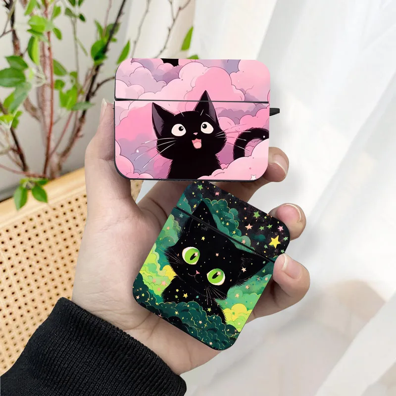 Cute Cartoon Pink Green Cat AirPods Case Black Wireless Bluetooth Earphone Case for Apple Airpods 1 2 3 Pro 2 Protective Case