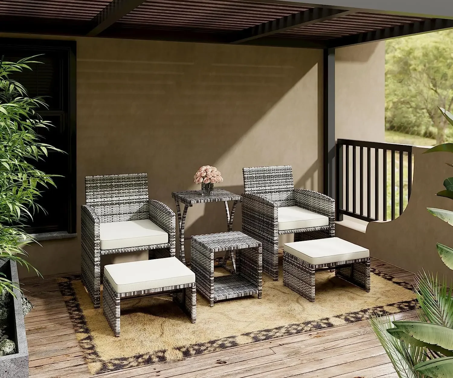 

6 Piece Patio Furniture Conversation Set with Ottoman, Outdoor Black&Grey Wicker Chair and Table Set with Beige Cushion, Balcony