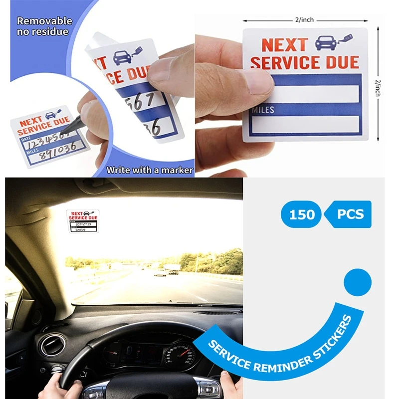 150 Pieces Oil Change Reminder Stickers Next Service Due Labels Low-Tack for Windshield Car Window 2 x 2 Inch Black Blue