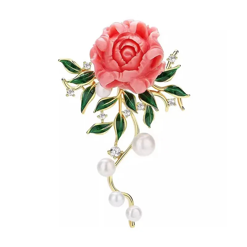 Elegant Pink Peony Brooch Women's Floral Cubic Zircon Pearl Pin Corsage Coat Suit Costume Jewelry