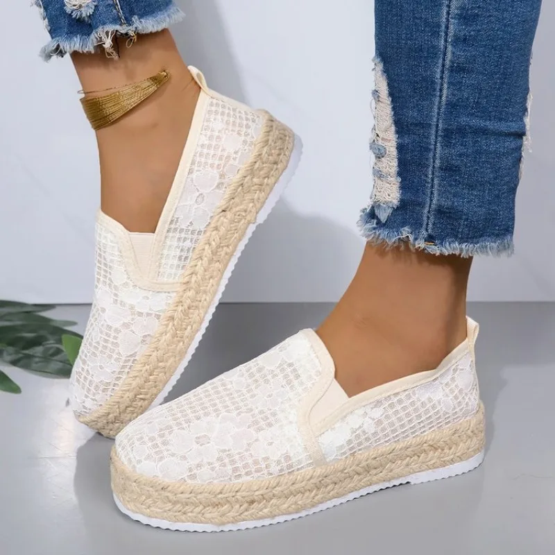 Flax Oriental retro breathable Loafers Faux pearls detail espadrille flats Simple mesh canvas women shoes