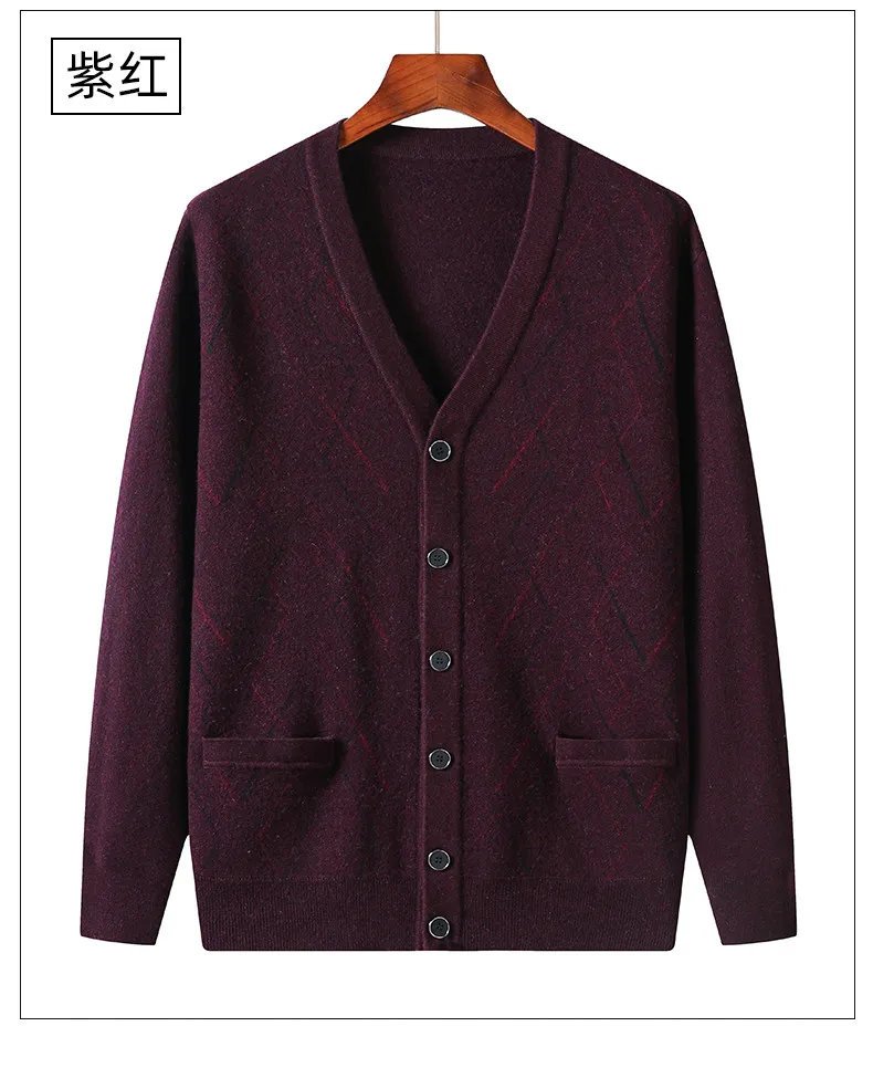 Autumn and winter new 100 pure wool knit cardigan V-neck old grandpa sweater loose thick sweater winter