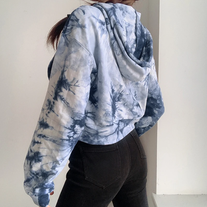 Female Casual Loose Tops Fashion Drawstring Letter Labeling Streetwear OutfitsWoman Sexy Tie Dye Zipper Hooded Pockets Hoodies