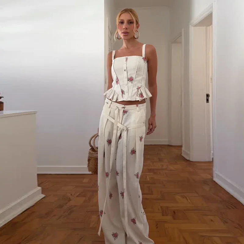 Eleganter bedruckter Damen-Westen-Hosenanzug, ärmelloses Oberteil mit Blumenmuster, plissiert, weit geschnittene Hose, Damen-Set, Sommer-Herbst 2026, Damen-Sets – Detail 9