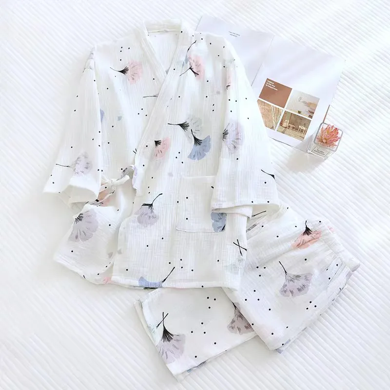 Japanese kimono ladies cotton pajamas two-piece three-quarter sleeve trousers loose home service set woman