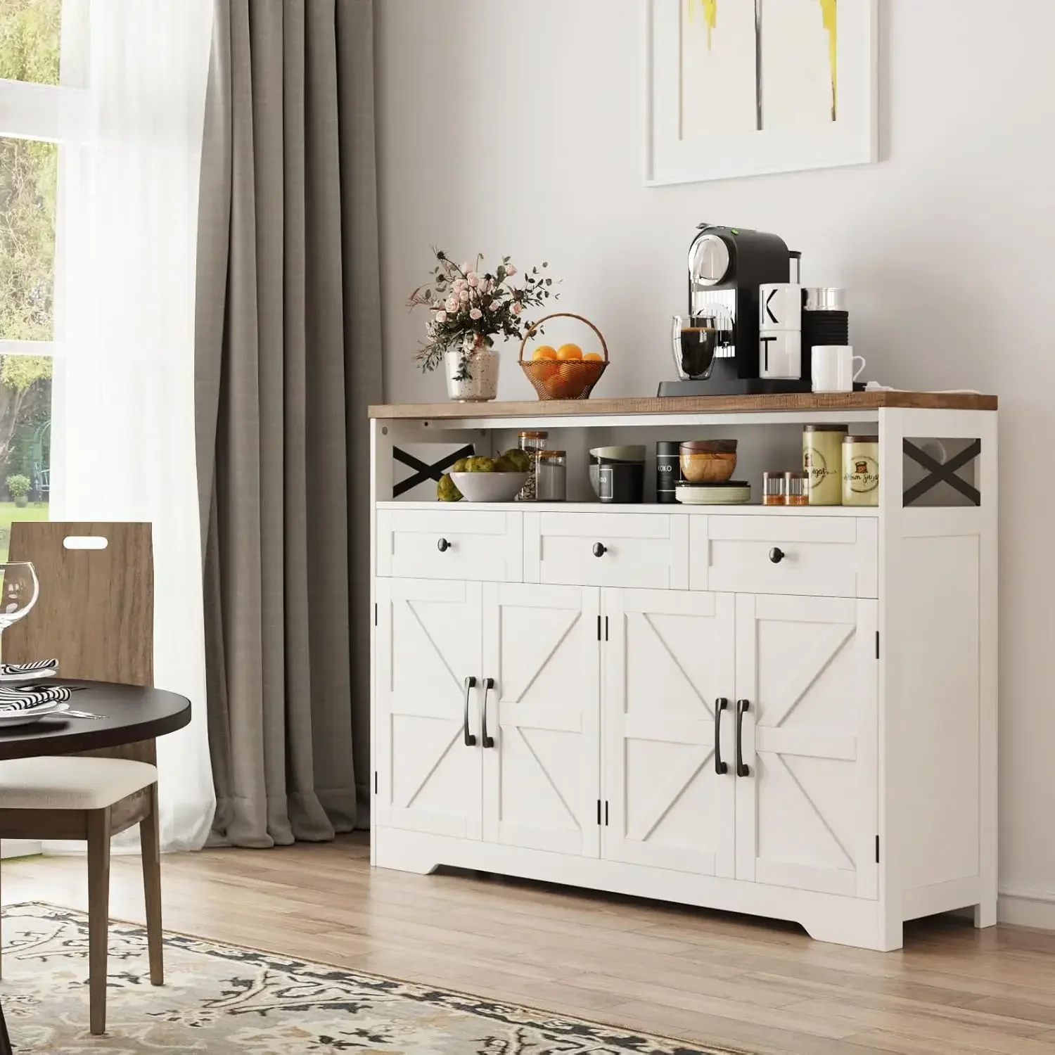 Farmhouse Buffet Cabinet with Drawers & Open Shelf, Sideboard Storage Cabinet, Kitchen Hutch Pantry, Wood Coffee Bar Statio