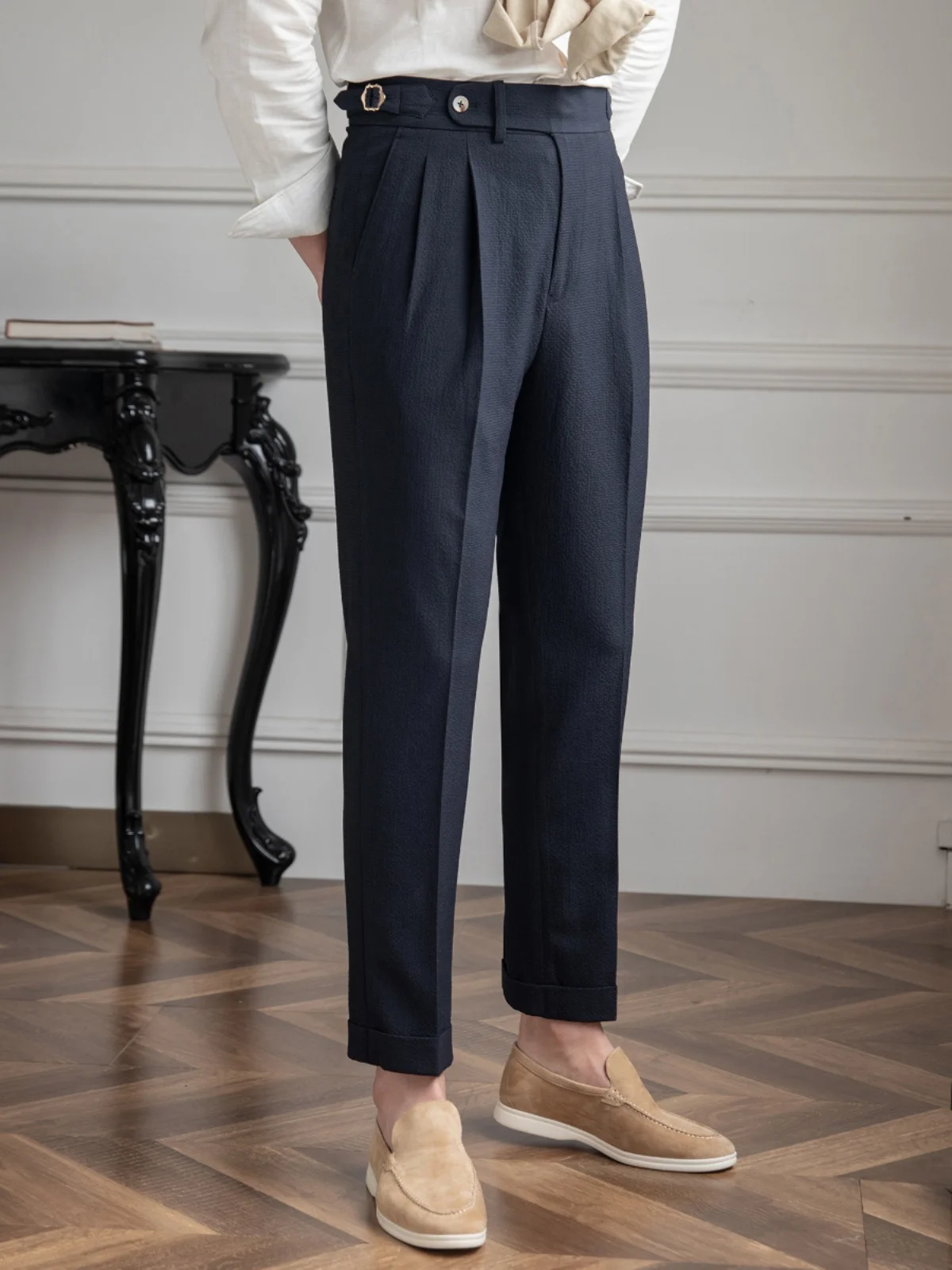 

Mr Deer Tee Summer Lightweight Breathable Bubble Neapolitan High Waist Casual Pants Men's Faion Straight Leg Trousers