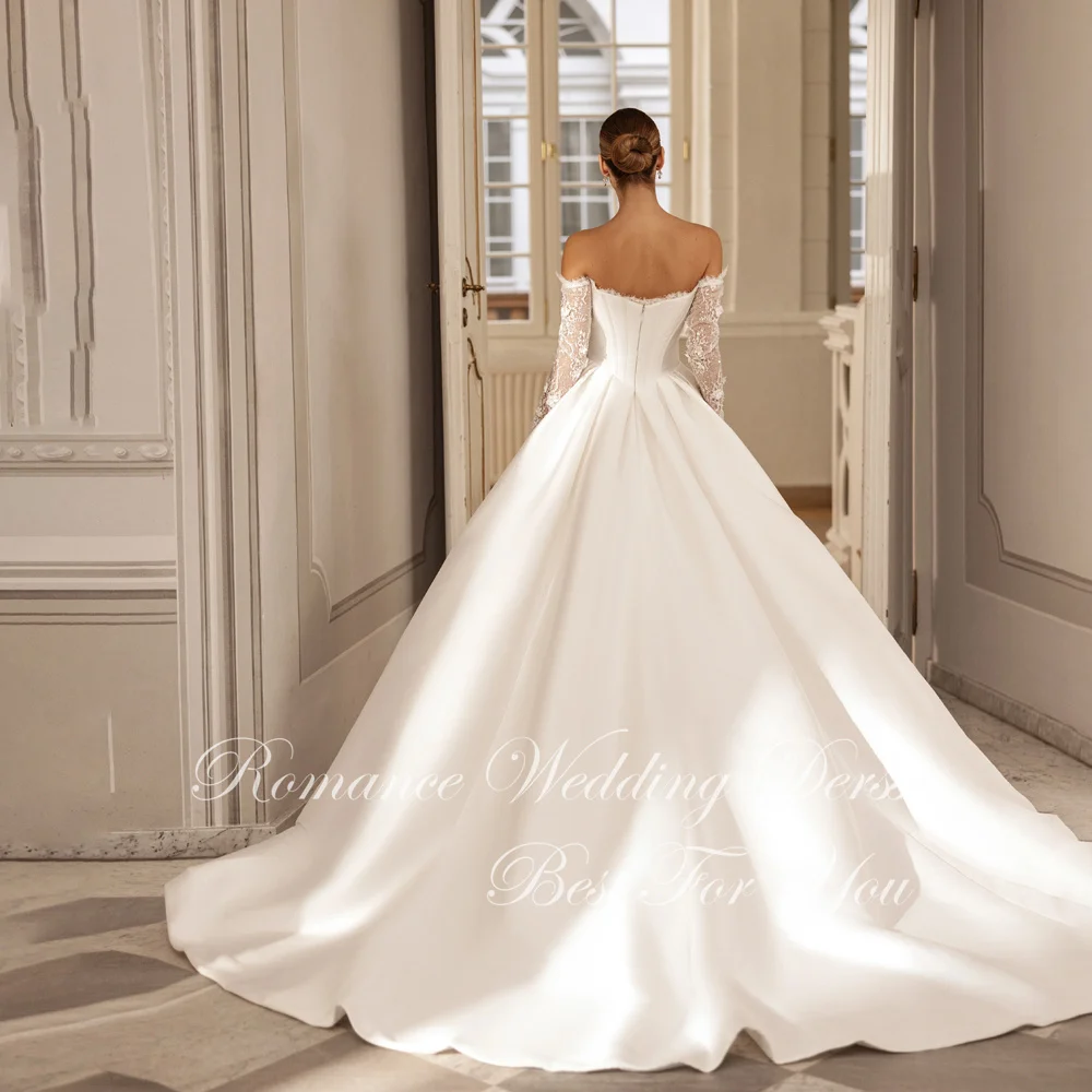 فستان زفاف أنيق مكشوف الكتفين من الدانتيل على شكل حرف a للنساء 2026 بطيات على شكل قلب وفتحة عالية مفتوحة من الخلف فيستدوس دي نوفيا مخصص #2