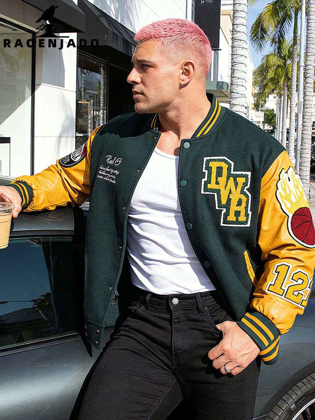 

Men's Plus Size Casual Jacket Vintage Baseball Bomber Coat Streetwear Outerwear with Faux Leather Sleeves and Fine Embroidery