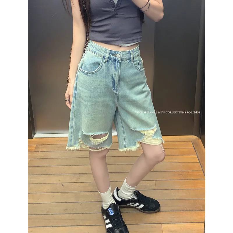 

Blue Women's Shorts Jeans High Waist Straight Ripped Pants Streetwear Casual Vintage Female Wide Leg Denim Five Points Trouser