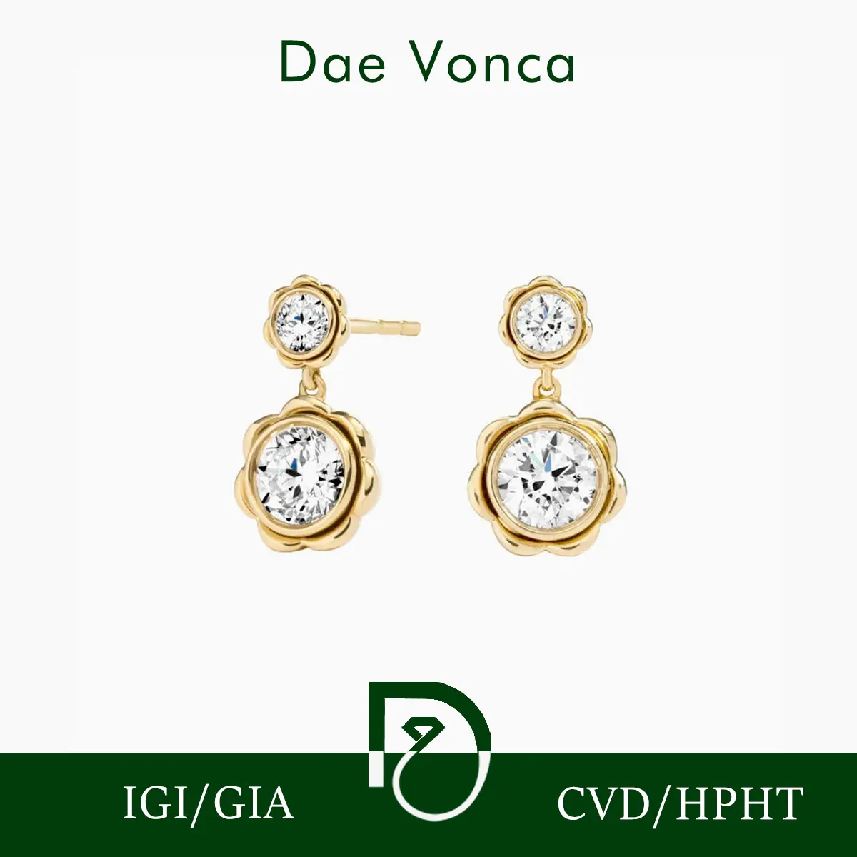 

9K/14K/18K Yellow Gold Charming Flower Earrings Double Brilliant Round Cut Lab Grown Diamonds Bezel Set Diamond Stud