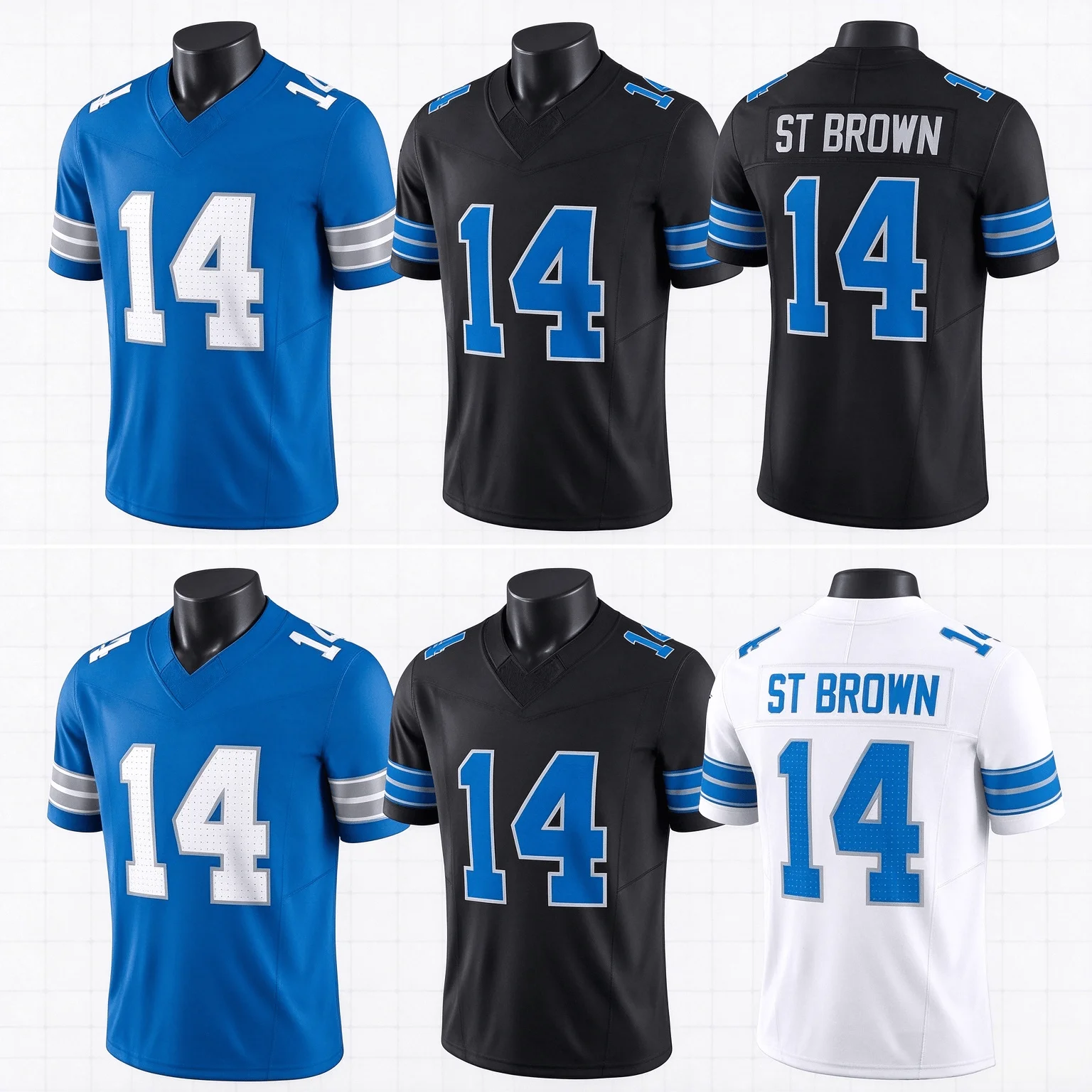 2027-27 Men's #14 Amon‑Ra St Brown Blue Short Sleeve American Football Top Rugby Sport Uniform for Sports Fans Family Matching